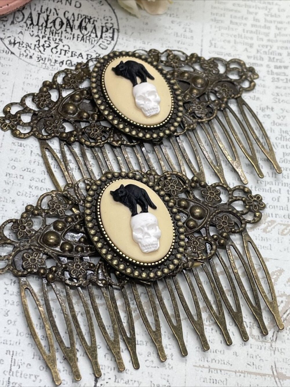 Pair of BRIDAL Barrette Gothic Hair Comb Cameo Black Cat Kitten Skull Wedding